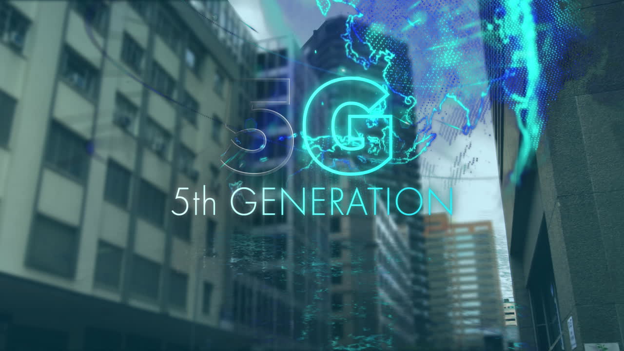Animation of 5g 5th generation text with globe spinning over modern cityscape