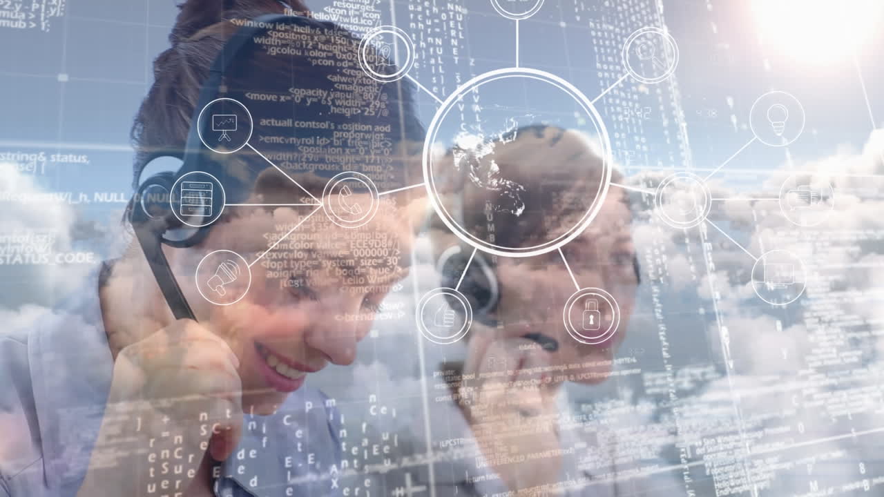 Animation of businesswomen talking on phone headsets network of connections and data processing