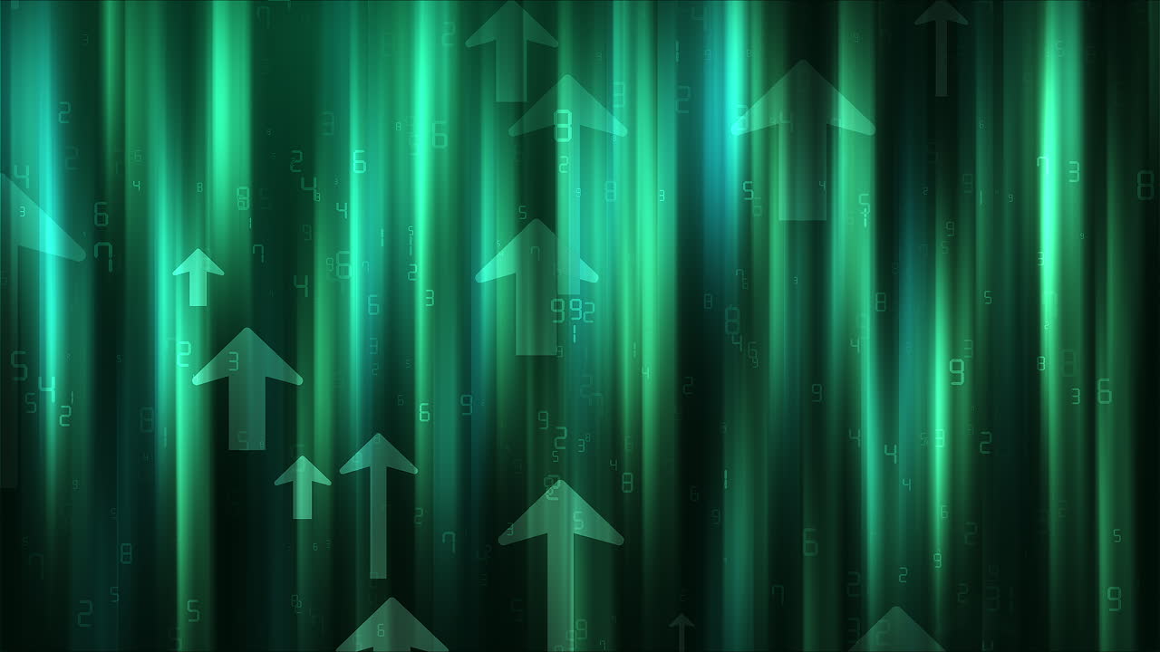 Uptrend abstract green background. A group of digital arrows pointing up in the air. Rise growth flying numbers. Loop animation.