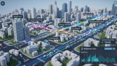 aerial view of a smart city traffic management system demonstrating energy efficiency and optimized vehicle flow in a modern urban environment