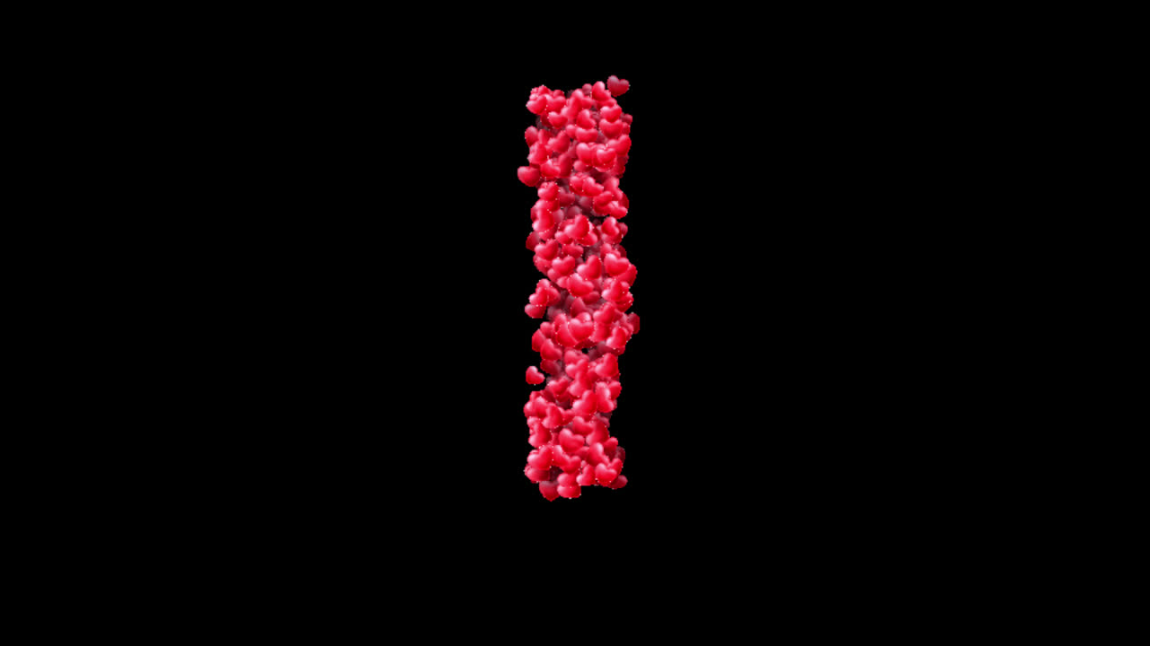 Animazione della lettera I con particelle a forma di cuore su sfondo trasparente