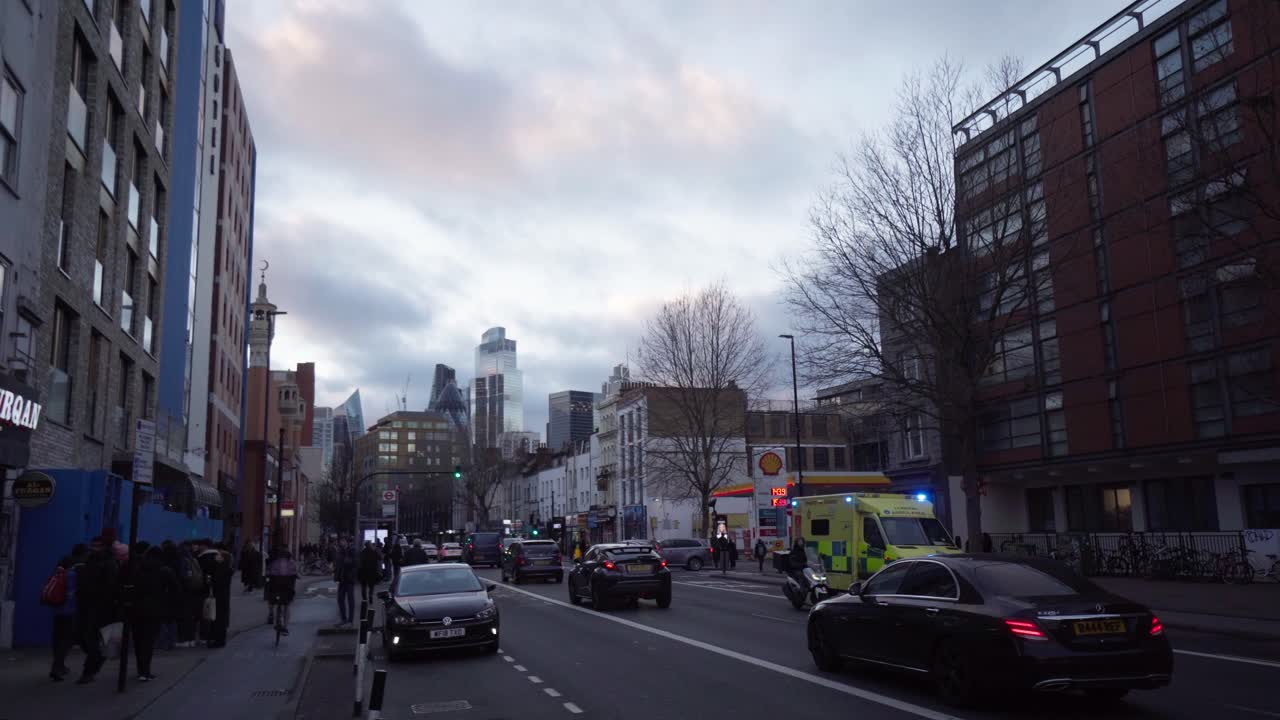 Busy East London Street - Skyline in the Background
