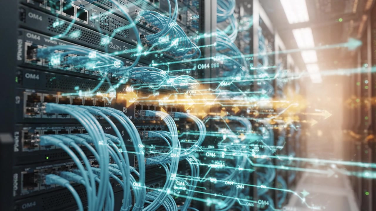 A Detailed Look at Network Server Infrastructure with Organized Cables and High-Tech Equipment in a Data Center Environment Focusing on Connectivity and Efficiency