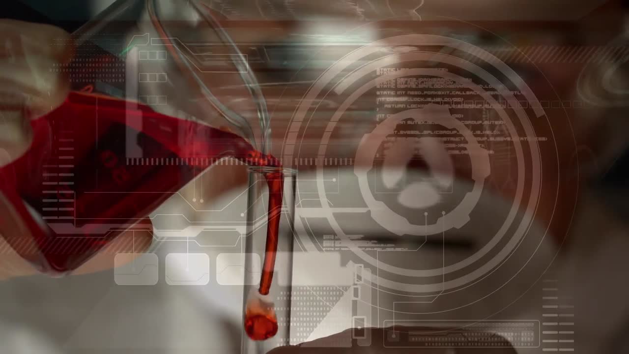 실험실에서 일하는 과학자에 대한 스 ⁇  스캐닝과 데이터 처리 애니메이션