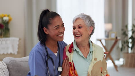 Happy-woman,-doctor-and-patient-hug-in-retirement