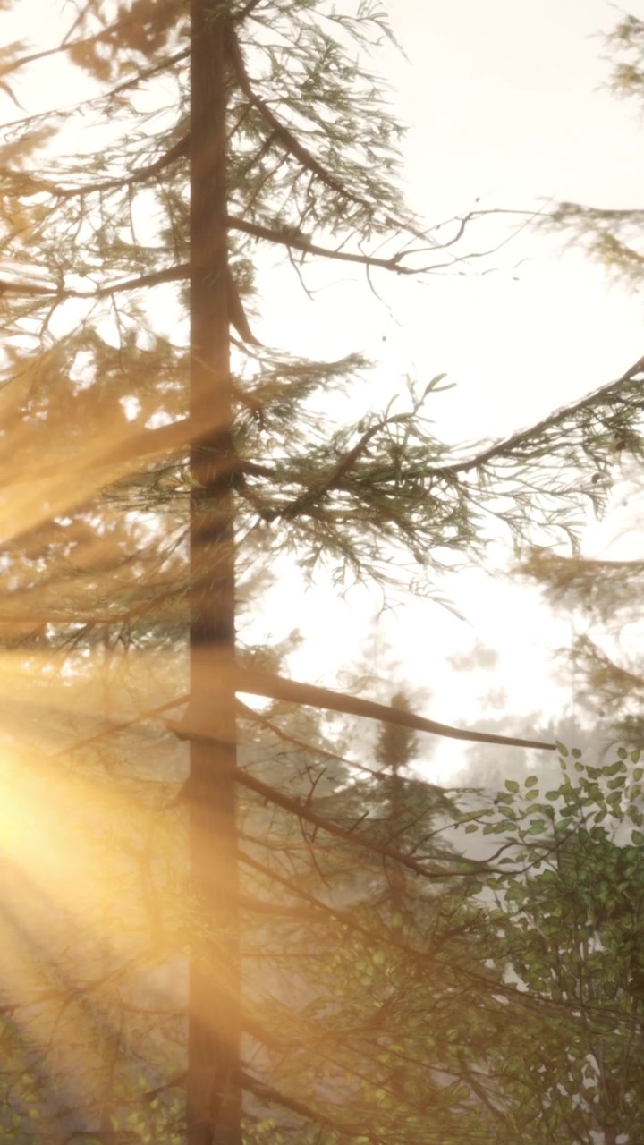 Luce solare che filtra tra gli alberi in una foresta al mattino