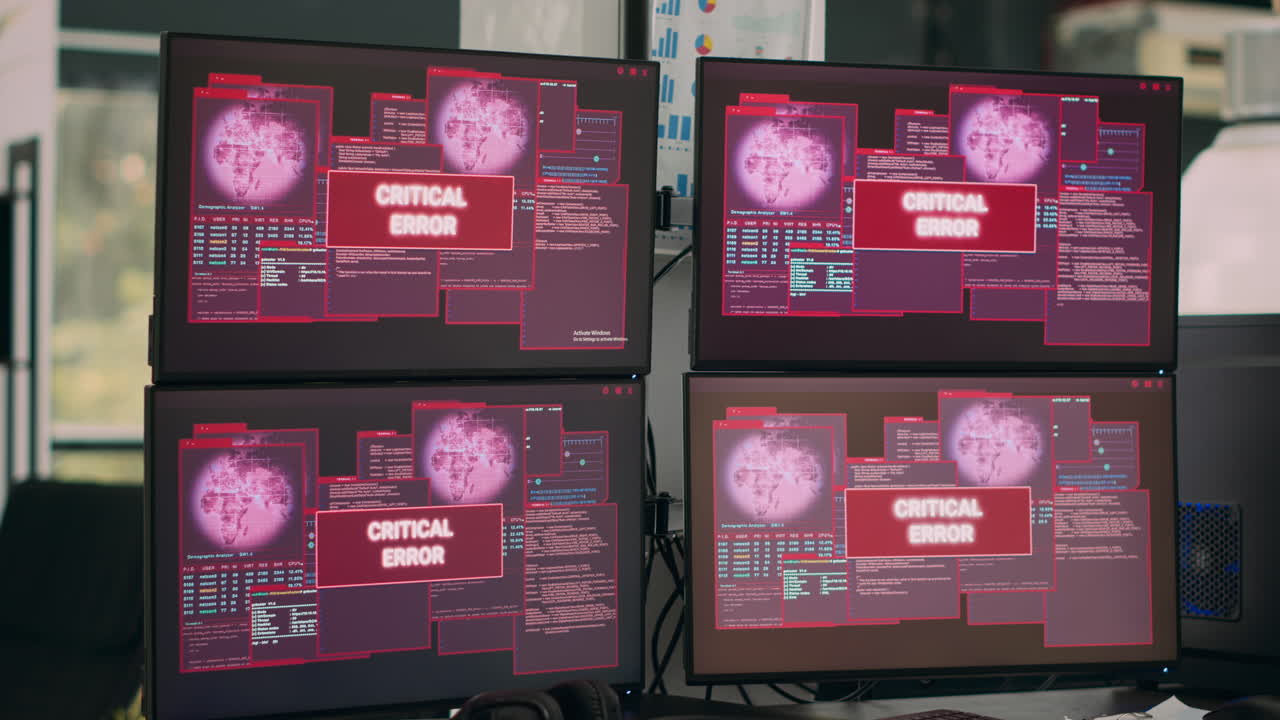 Multiple computers showing hacking alert and security breach