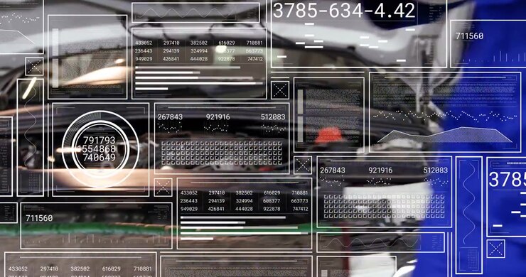 Male technician entering data, moving to engine bay, diagnosing parts while UI readouts overlaying