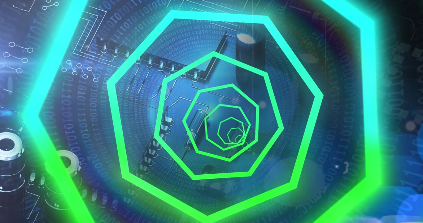 Animazione di forme al neon su elaborazione dati e server su sfondo nero.