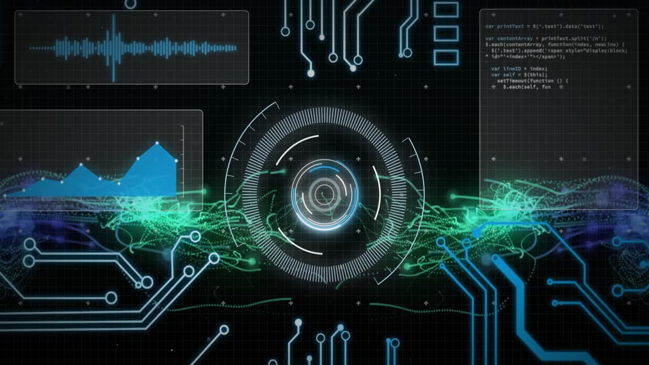원형 스캐너의 애니메이션과 검은색 배경의 메인보드에 대한 인터페이스의 데이터 처리