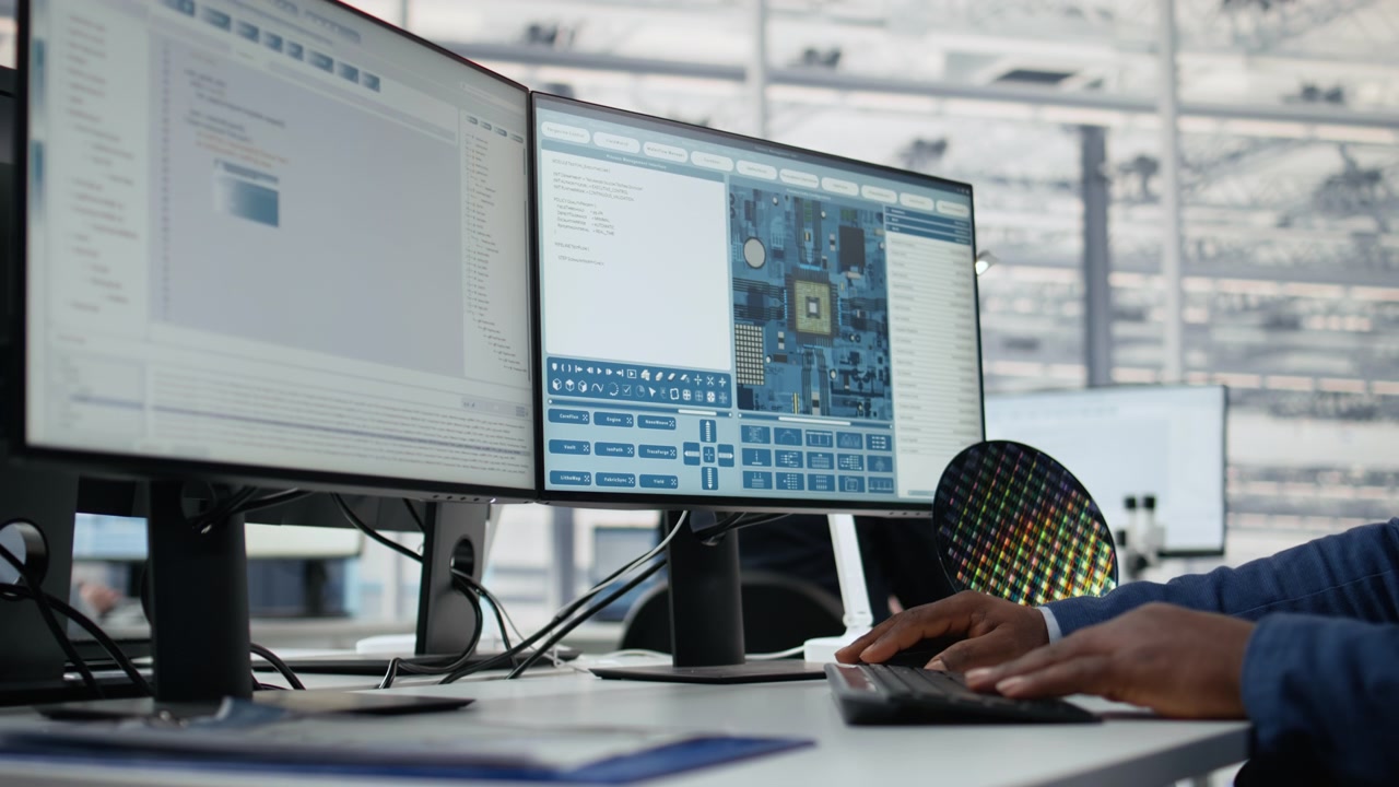 Close up of technician in semiconductors factory office analyzing PCBs