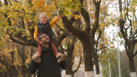 Glücklicher-Sohn-Und-Vater-Gehen-Im-Herbst-Im-Wald-Spazieren,-Baby-Sitzt-Auf-Den-Schultern-Von-Papa-Und-Betrachtet-Blätter-Von-Bäumen,-Fröhliches-Wochenende-Im-Park