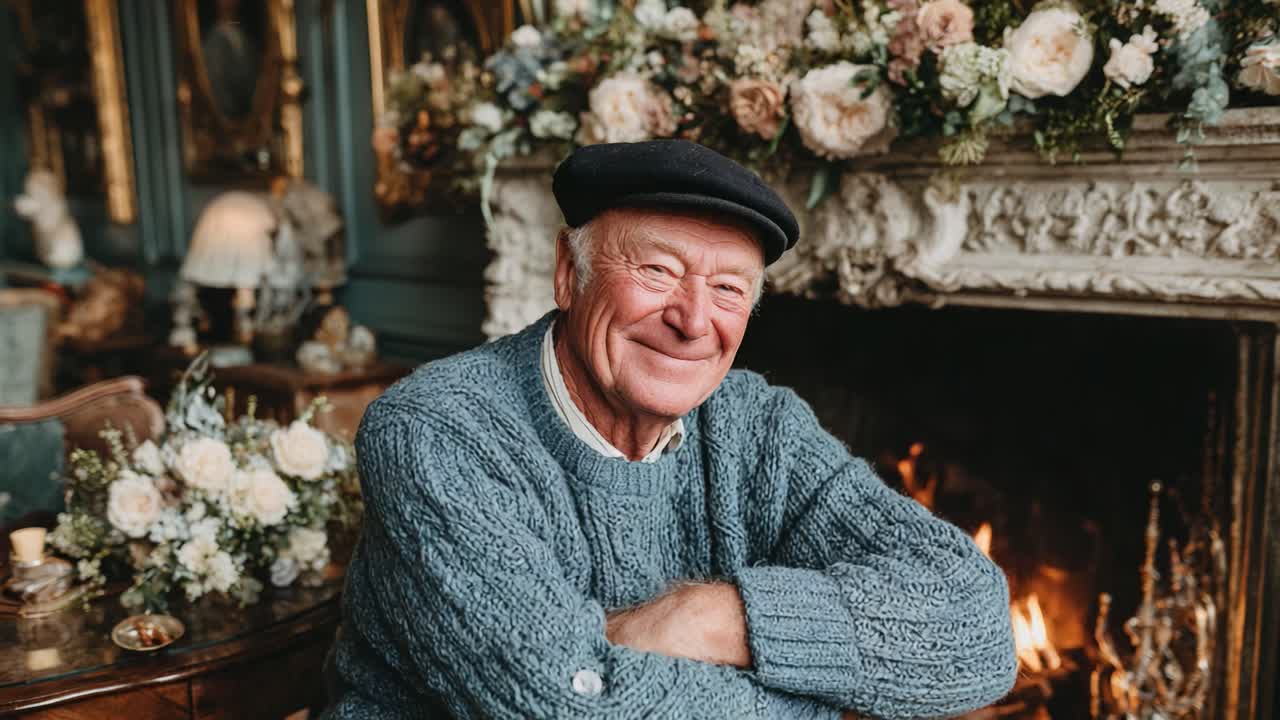 A Cheerful Elderly Man in a Cozy Setting, Smiling at the Camera with a Warm Expression, Surrounded by Floral Decorations and a Crackling Fireplace