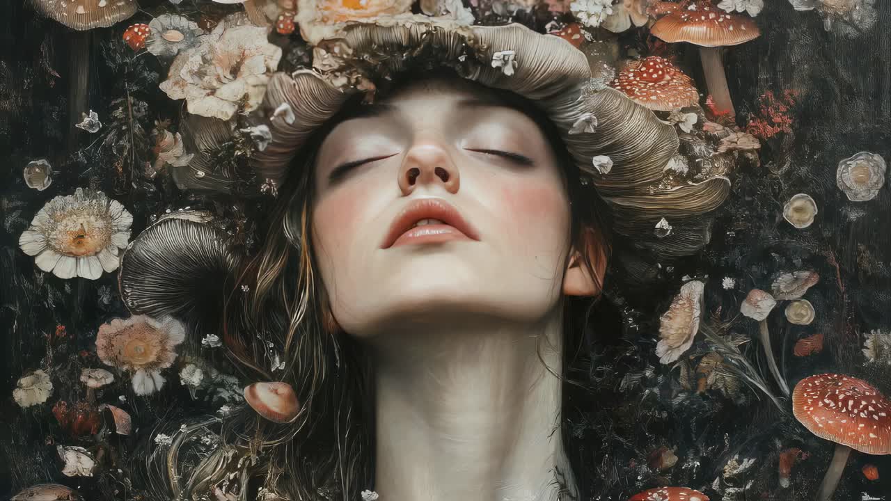 A Woman Amongst Mushrooms and Flowers