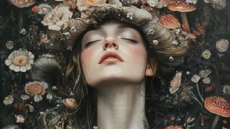 a woman amongst mushrooms and flowers