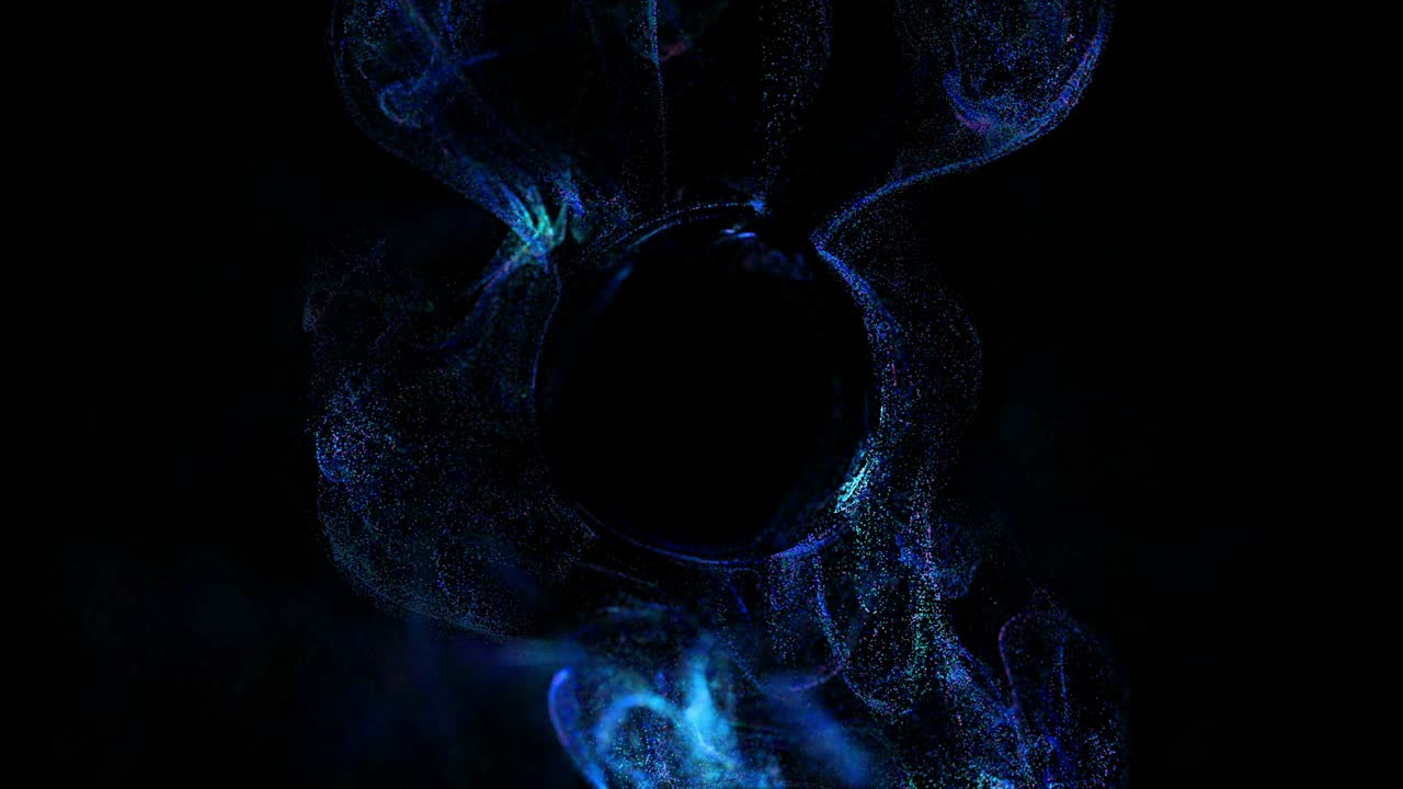 las partículas luminosas de 4k se mueven en el flujo líquido y tropezan con un campo de fuerza en el centro del marco que empujan las partículas, lugar para el texto o un logotipo. luma mate como canal alfa. azul 4