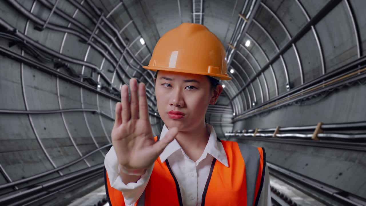Construction Worker in Tunnel Giving Stop Signal