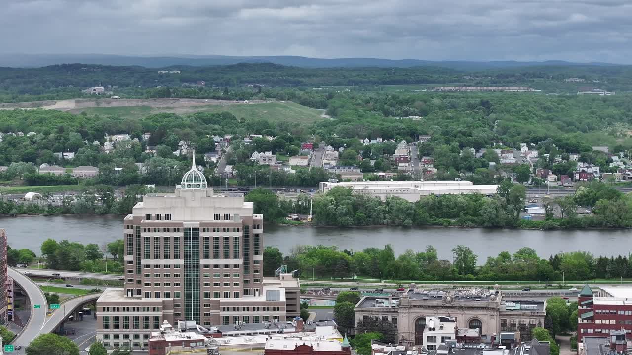 Downtown Albany New York aerial pan view