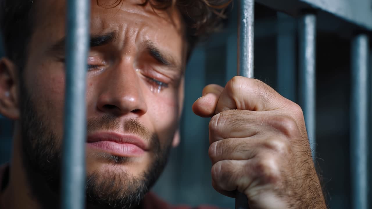 Un uomo stringe sbarre, occhi lucidi, viso sofferente. La sua mano stringe l'acciaio, stanca, tremante. Occhi azzurri implorano, intrappolati, spezzati, silenziosi. Le sbarre gli incorniciano il viso, luce fioca, freddo. Confinamento, tristezza, solitudine, vergogna.