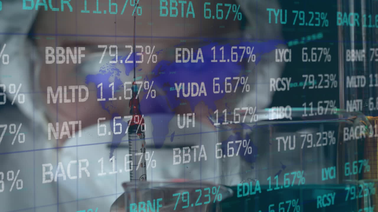 Elaborazione dati di borsa su sfondo di dottoressa che tiene una siringa