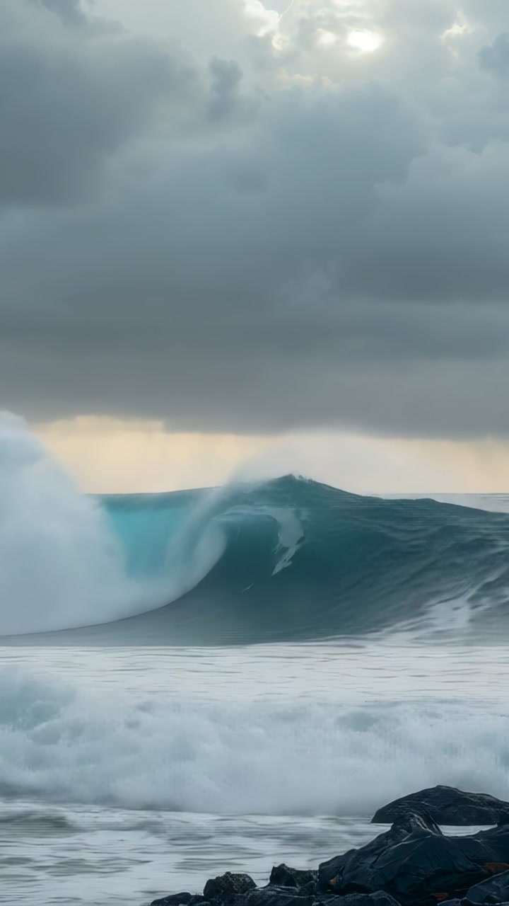 Surging ocean waves forming barrels and breaking onto rocky shore under storm clouds, sending foam