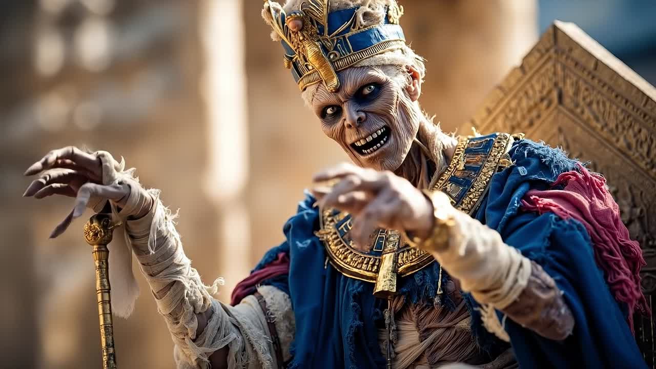 A man dressed as an Egyptian pharaoh with a staff in his hand