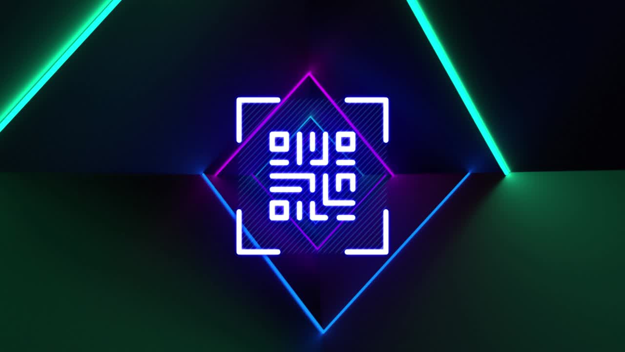 animación del código qr parpadeando sobre rayas de neón