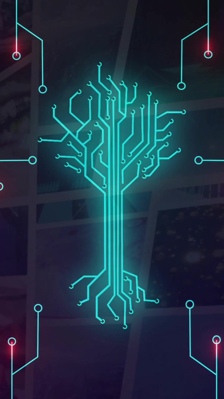 Animation of colorful circuit tree glowing with lines and nodes on dark background