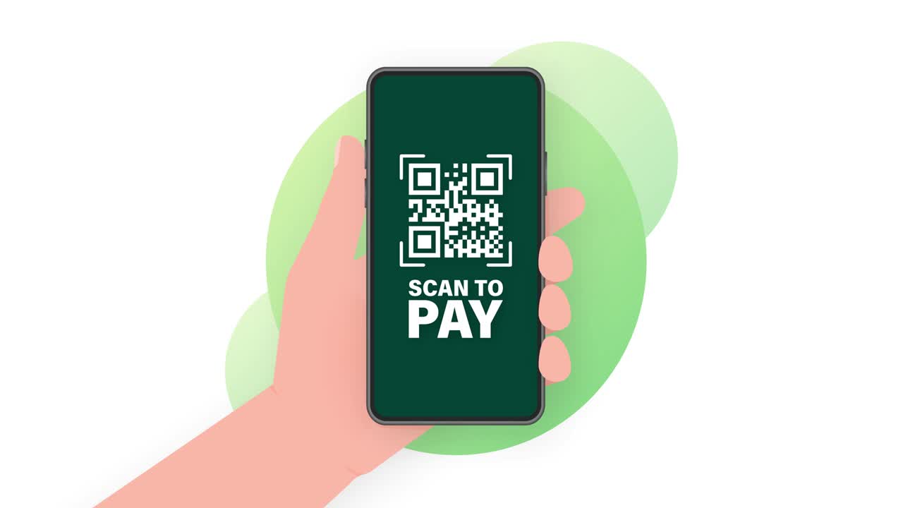 Hand holds phone with scan qr code to pay on screen. Phone on green background. Motion graphics.
