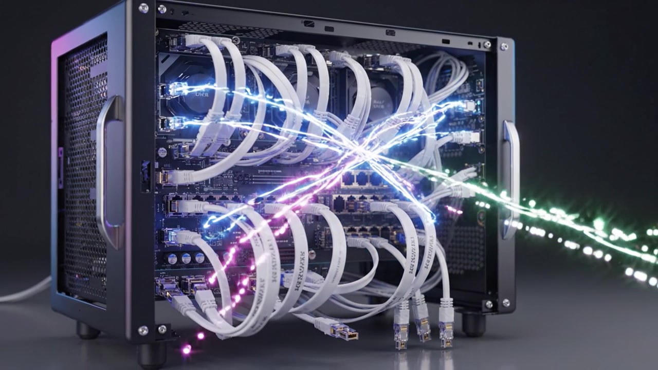 Et nærbillede af et avanceret computerkabinet, der viser indviklet kabelstyring og flere komponenter, fremhævende kølesystemer og tilslutningsmuligheder.
