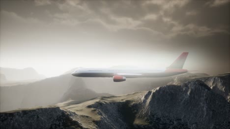 passenger aircraft over mountain landscape