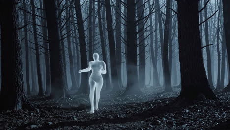 figura fantasmal caminando a través de un bosque de niebla en la noche