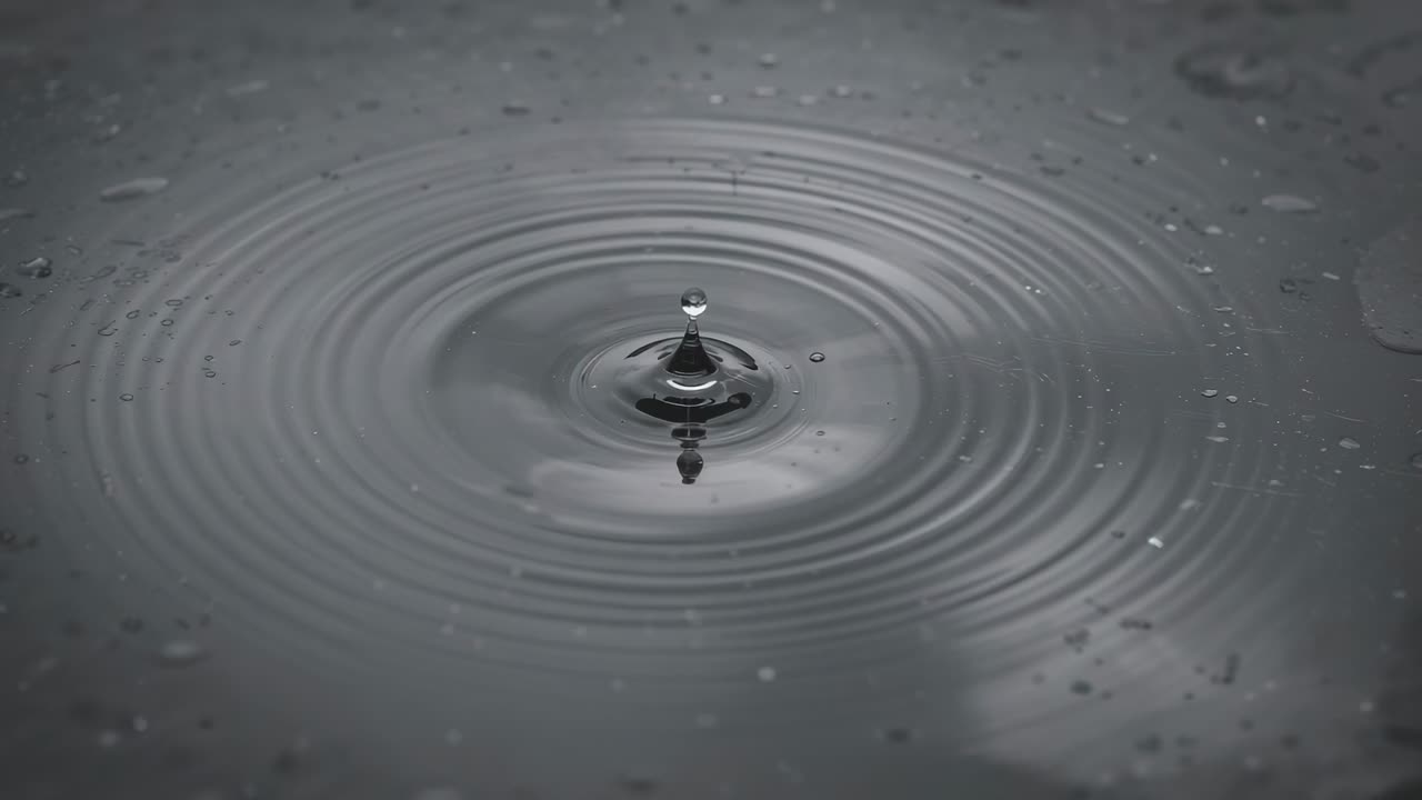 Drop hitting dark pool in shallow basin, making concentric rings and small drops dissipating energy