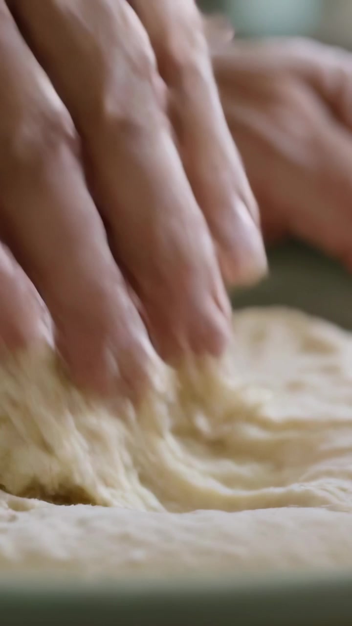 Video verticale: Mano che entra nell'inquadratura, premendo e stendendo l'impasto in una teglia da cucina per ottenere una superficie uniforme.