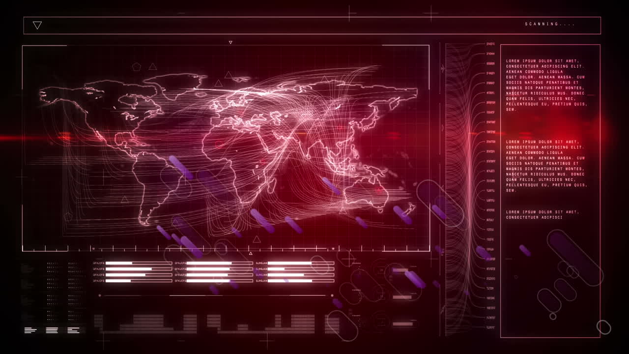 Animation of purple light trails over interface with world map and data processing
