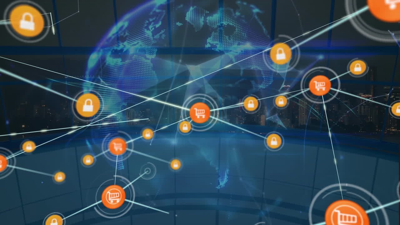 Animation of network of digital icons, globe of plexus networks and view of cityscape from office