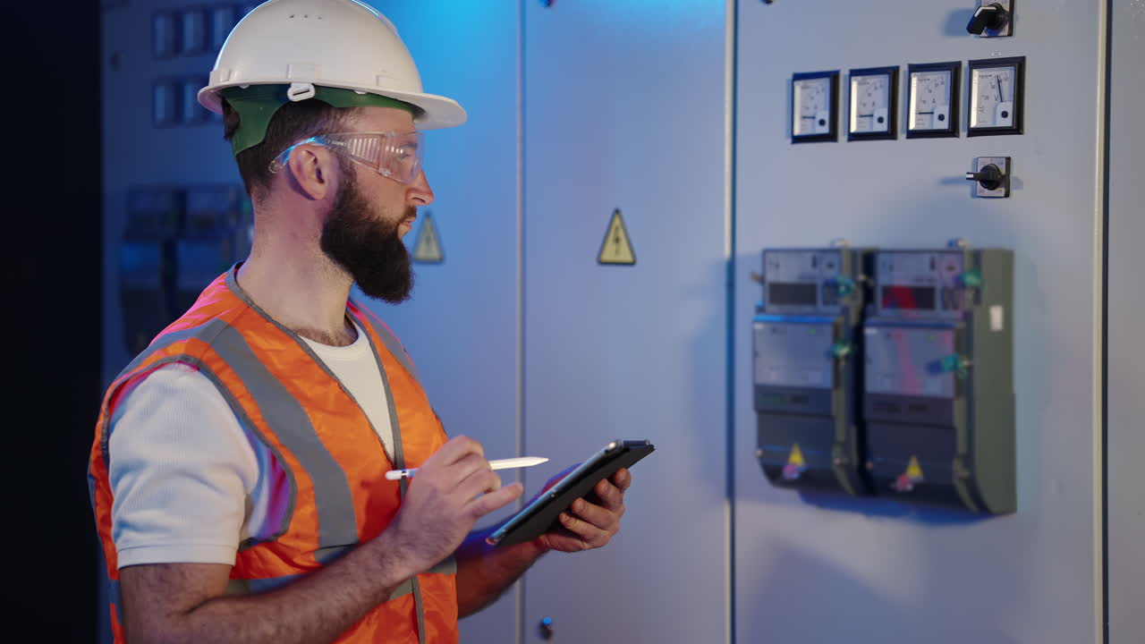 ingeniero eléctrico inspeccionando el panel de control