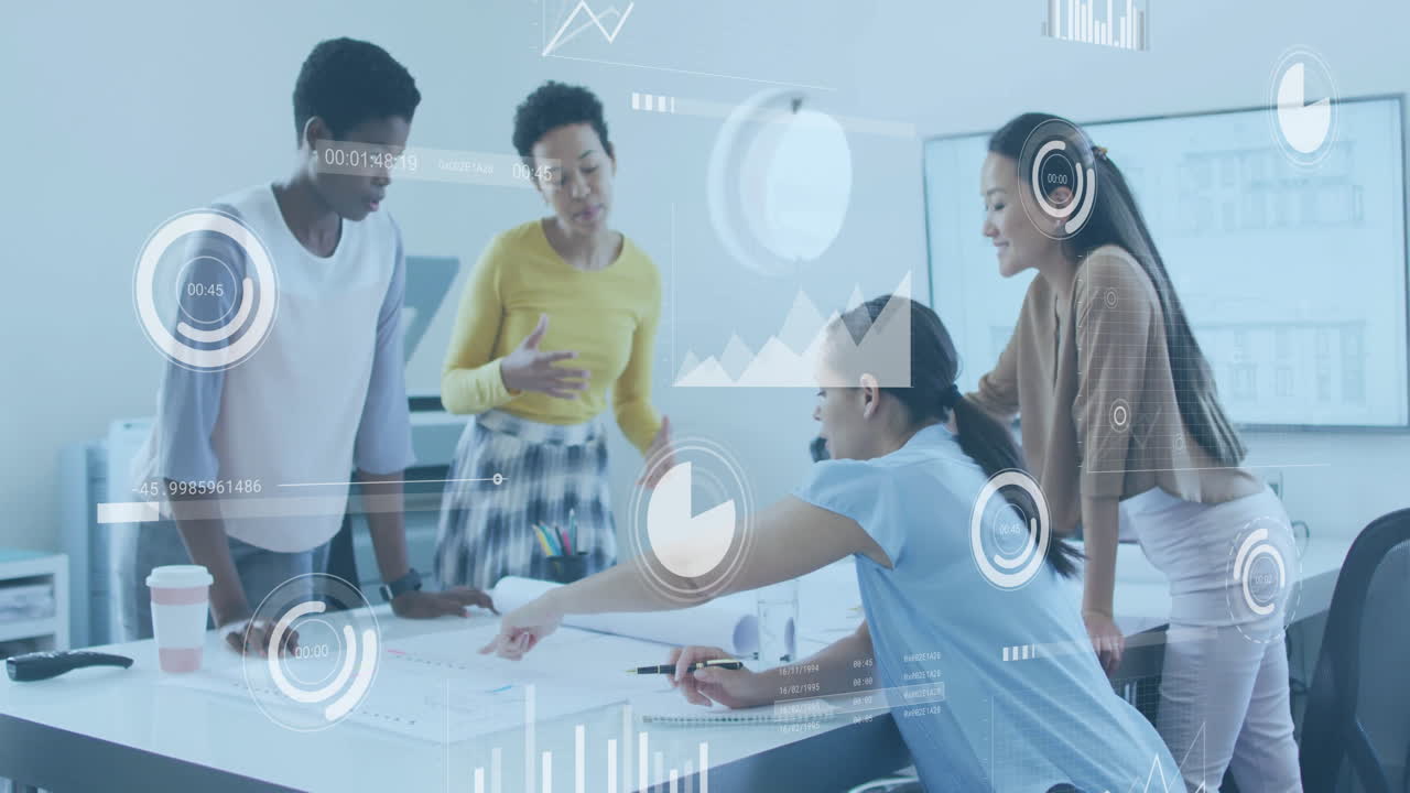 business data analytics animation over diverse team collaborating in ...