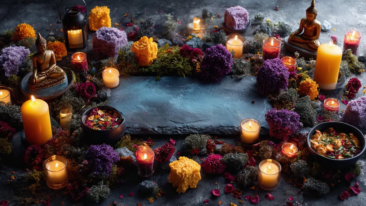 Una serena disposizione per altare con candele e accenti floreali per la meditazione e la riflessione, caratterizzata da fiori colorati e statue per creare un'atmosfera pacifica