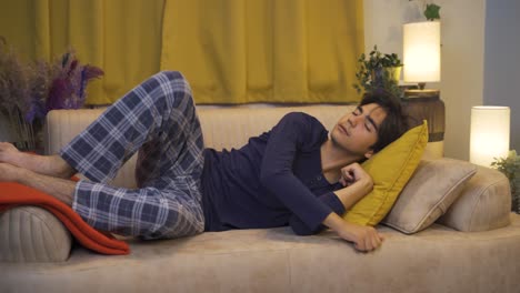 thoughtful man with problems is not going to bed.