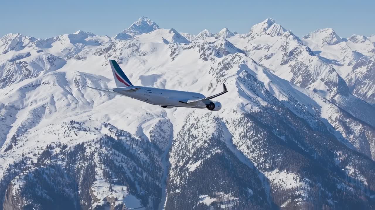 Green striped passenger jet soaring over snow covered alpine peaks, capturing pristine winter landscape and aviation freedom under bright blue sky
