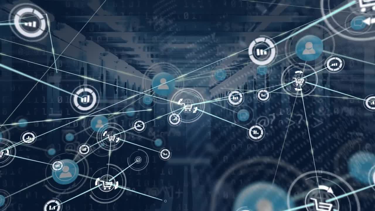 Animation of network of connections with icons and data processing over computer servers
