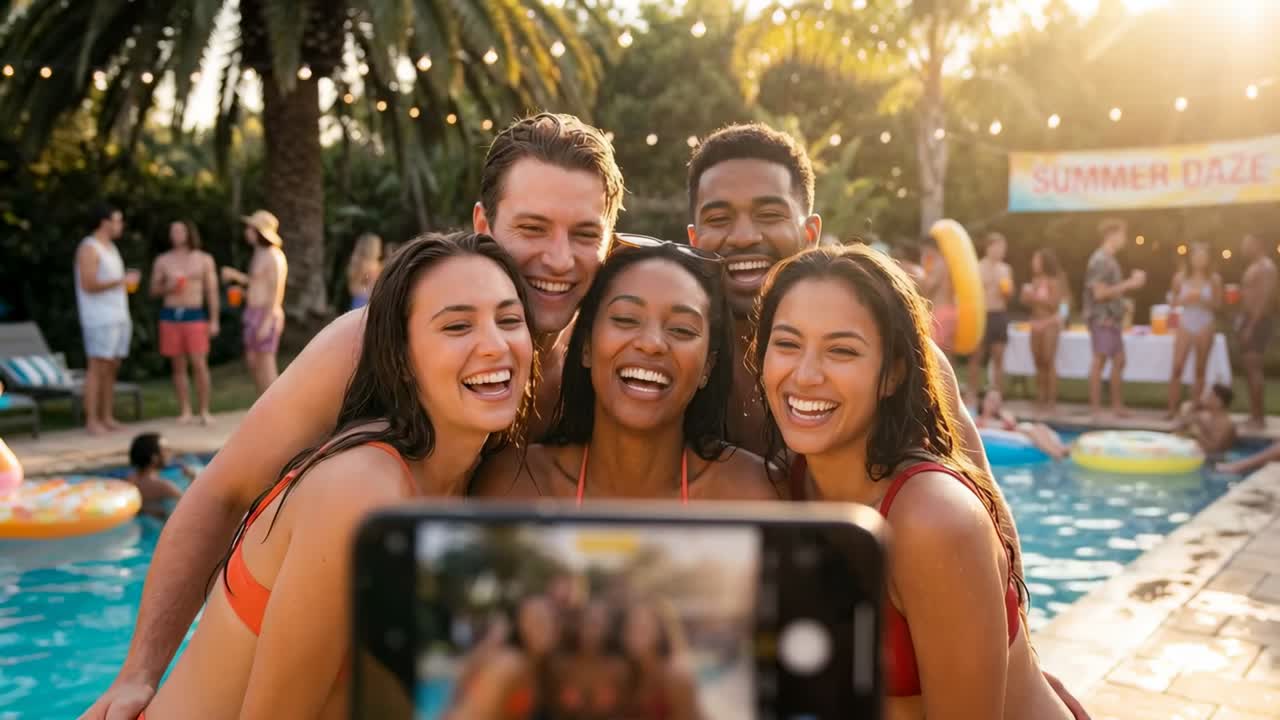 Amici che si fanno un selfie con il telefono mentre posano in bikini a bordo piscina in giardino