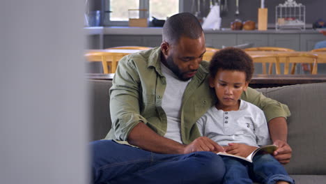 father and son sitting on sofa in lounge reading book together