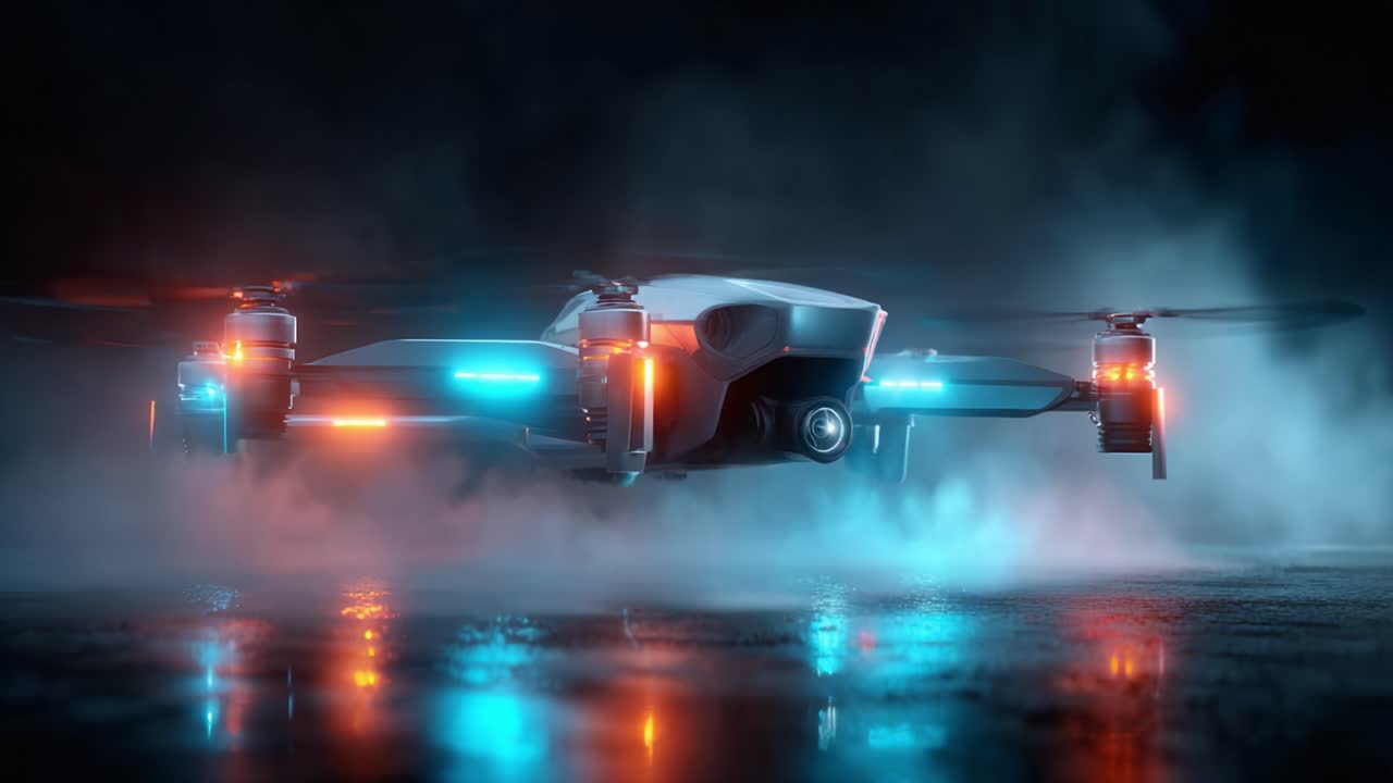 A Cutting-Edge Drone Surrounded by Misty Atmosphere, Showcasing Futuristic Design and Vibrant Lighting Effects in a Low-Light Environment