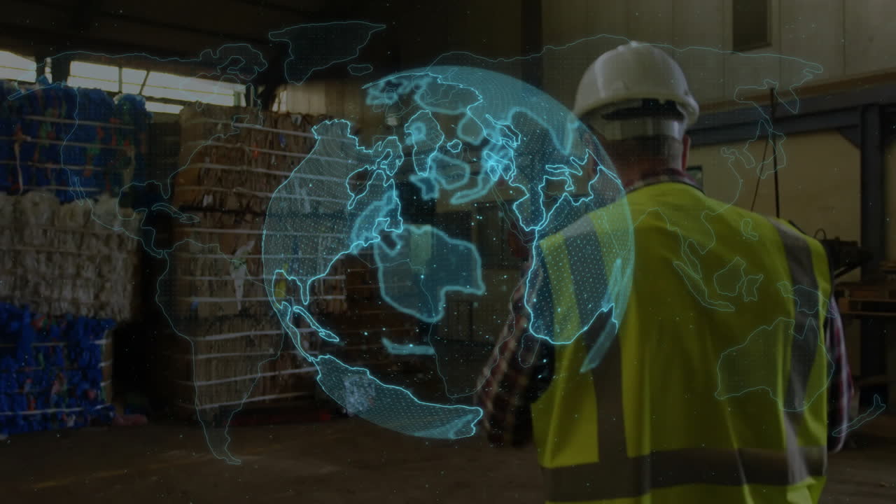 trabajador en equipo de seguridad en un almacén con animación de globo giratorio sobre