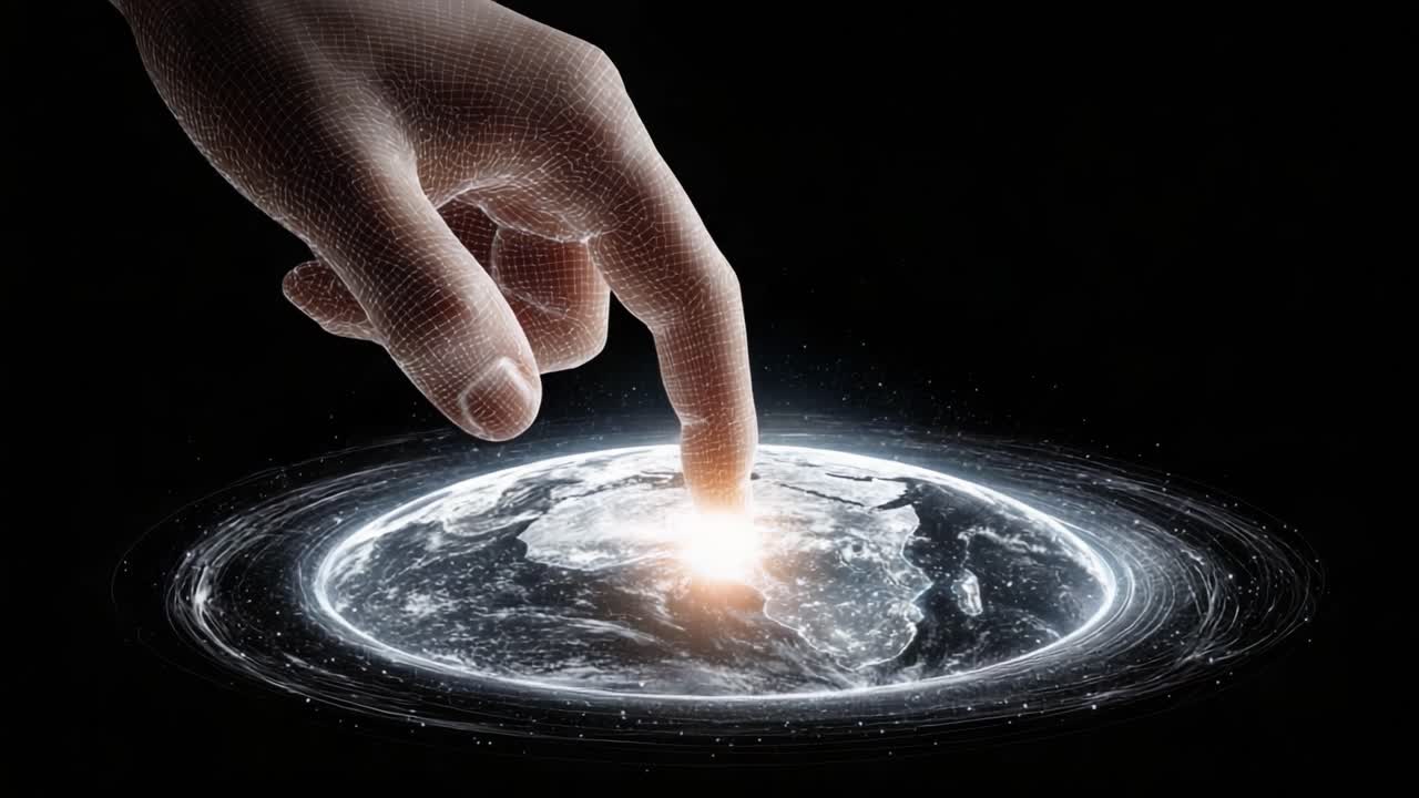 A digital representation of a hand reaching towards a glowing Earth, symbolizing the connection between humanity and the planet in a futuristic and cosmic perspective