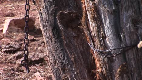 primer plano de una cadena que cuelga de las vigas de madera de un viejo corral occidental