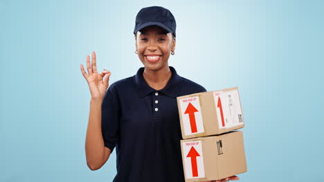 happy black woman, box and delivery with ok emoji