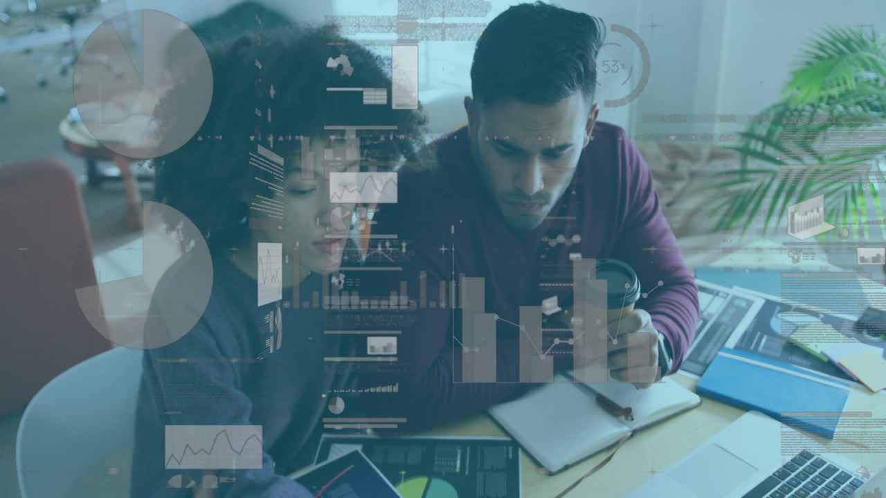 Diverse colleagues analyzing financial graphs and charts over digital data animation
